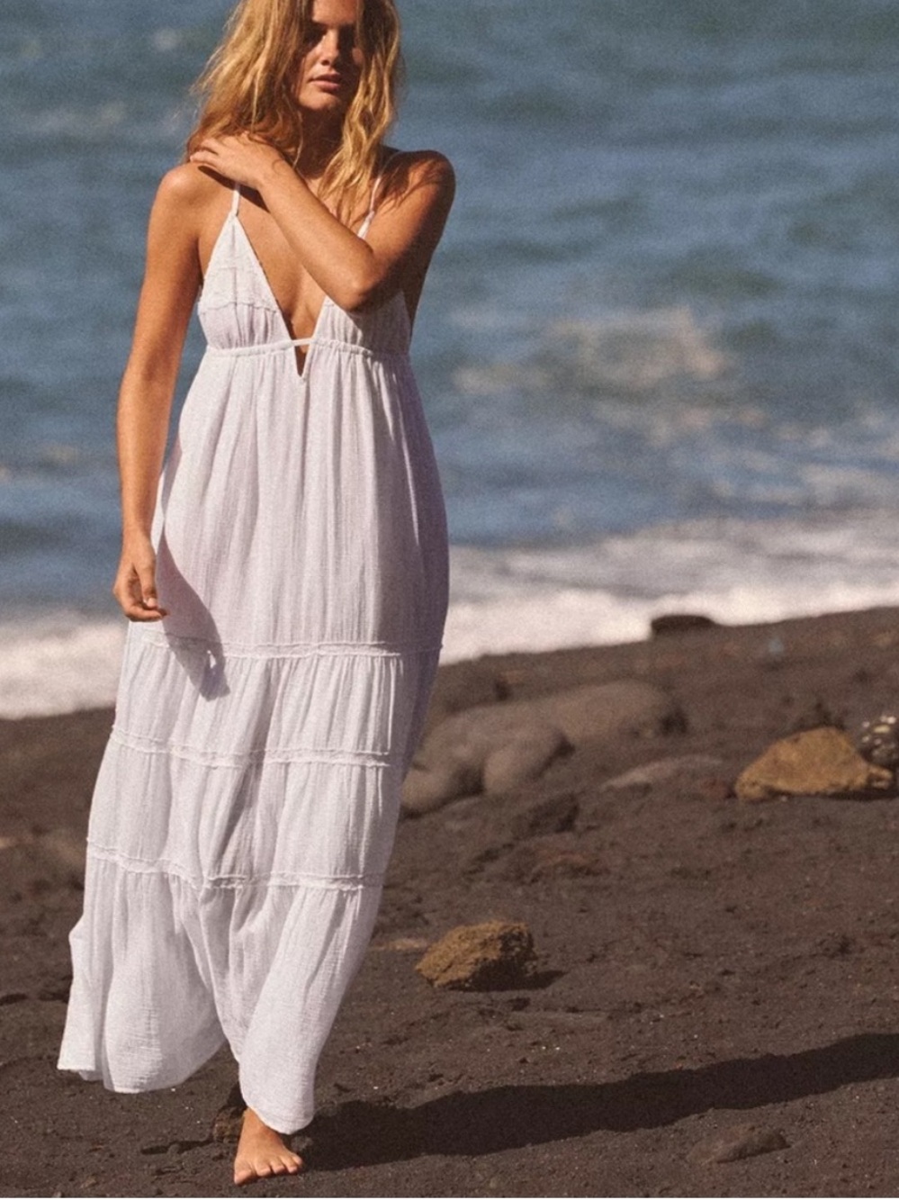 ZARA Blogger White embroidered gauze 100% Cotton Boho Coastal Maxi Dress Small